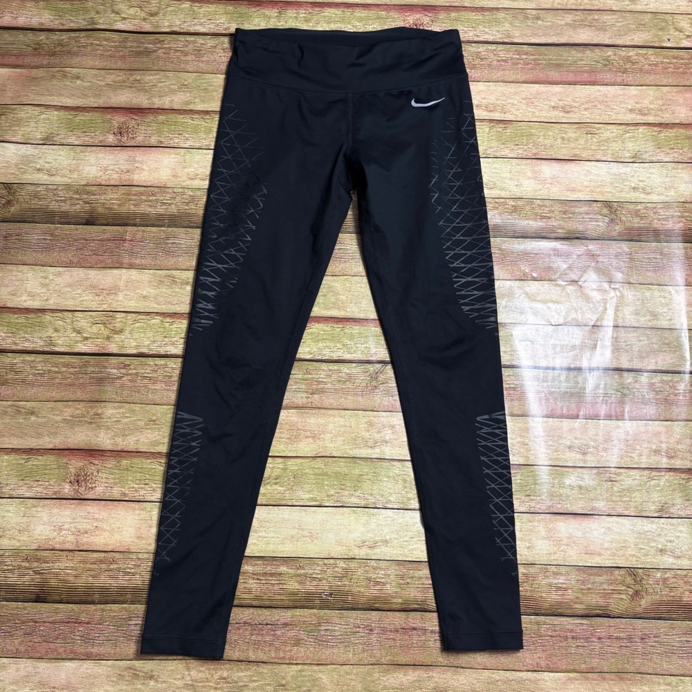 Nike Dri-FIT Running Leggings Black Geometric Graphic Print Tights Medium